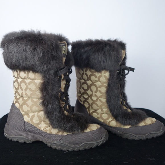 Coach Jennie Monogram Tan & Brown Lace-Up Faux Rabbit Fur Boots, Size 8.5 B - Picture 5 of 16